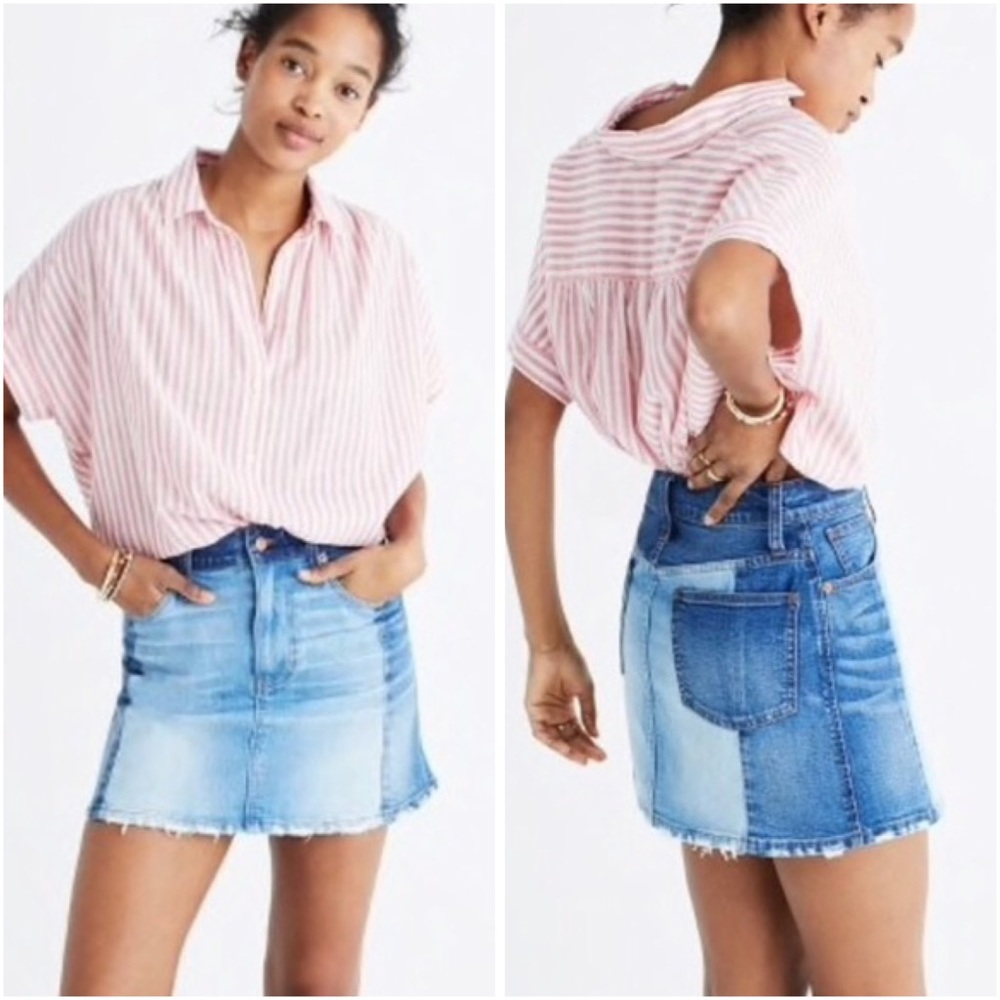 Madewell Pieced McGarren Color Block Two Tone Denim Jean Raw Hem Skirt 30